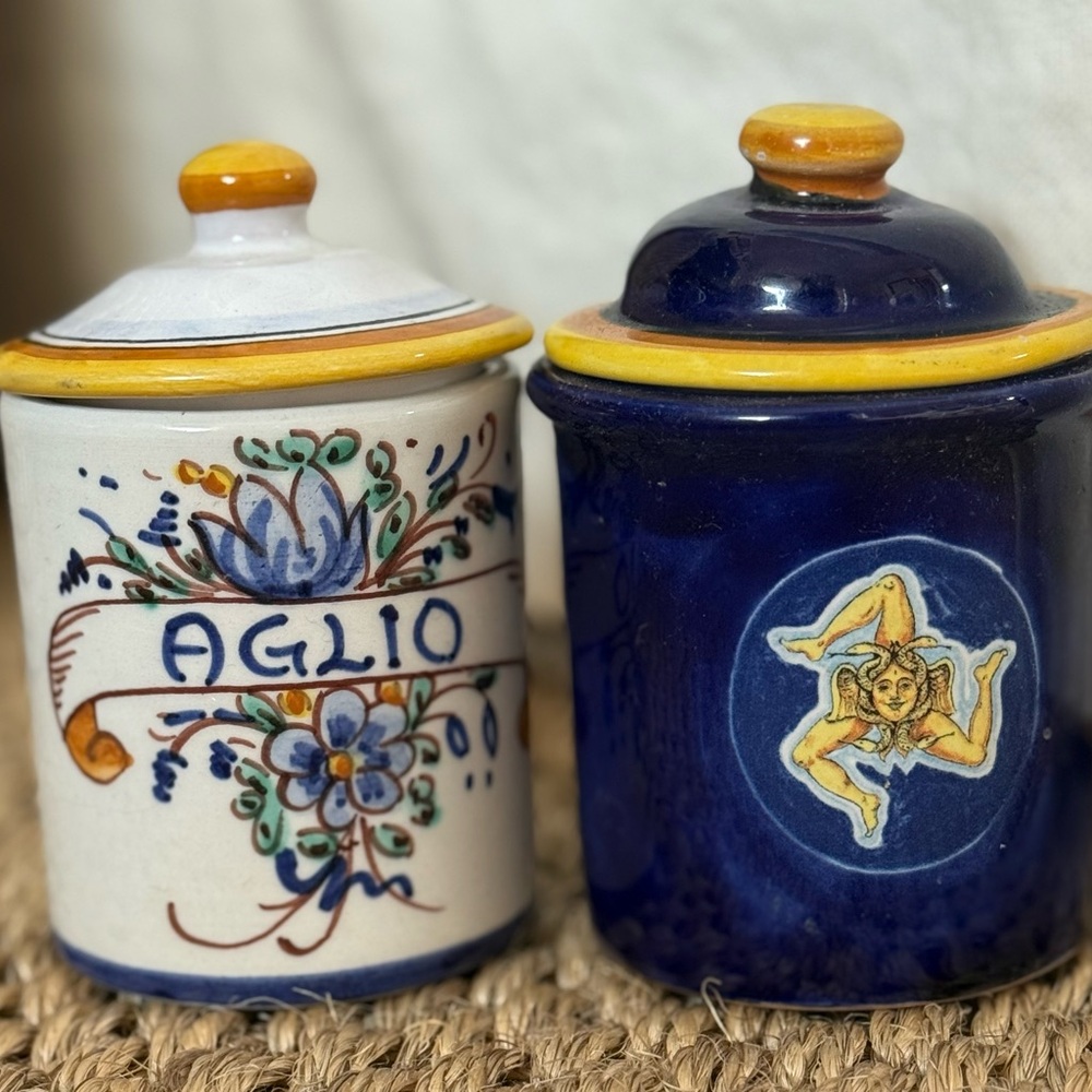 Italian Ceramic Food Storage Jars with Lids - Blue, White w yellow accents